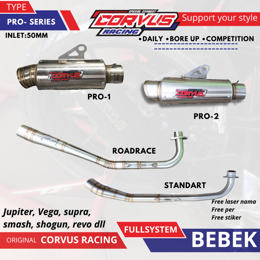 Knalpot Racing ( FULL SYSTEM BEBEK ) CORVUS RACING TYPE PRO  SERIES – Suara BASS GAHAR 50mm | Harian