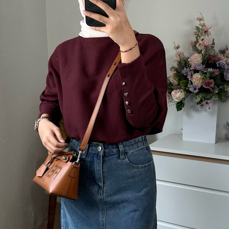 BATWING BLOUSE KANCING AZURA BY GRANDMOLL / Alexa Batwing Rajut Atasan Wanita Turtleneck Lengan Kanc