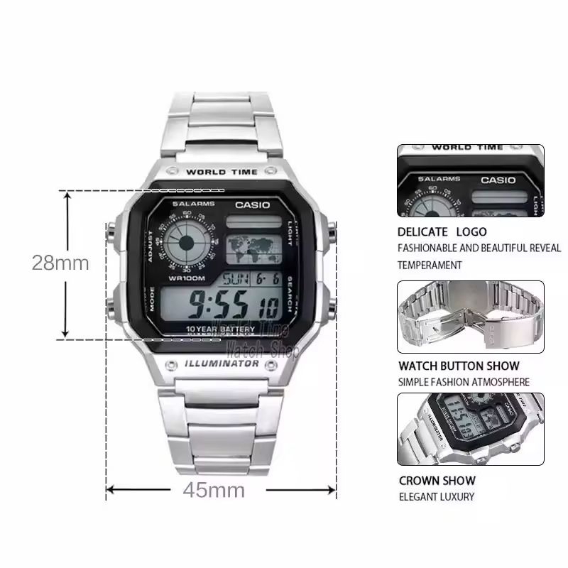 JAM TANGAN CASIO AE-1200 AE1200 WHD DIGITAL RANTAI STAINLESS ANTI AIR