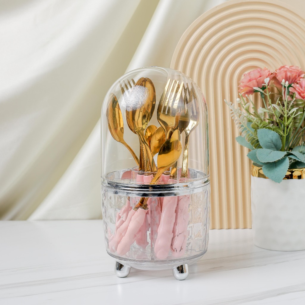 Ideame Tempat sendok garpu / Tempat kuas Makeup Aesthetic / Tempat Serbaguna Bisa Putar 360° Motif P