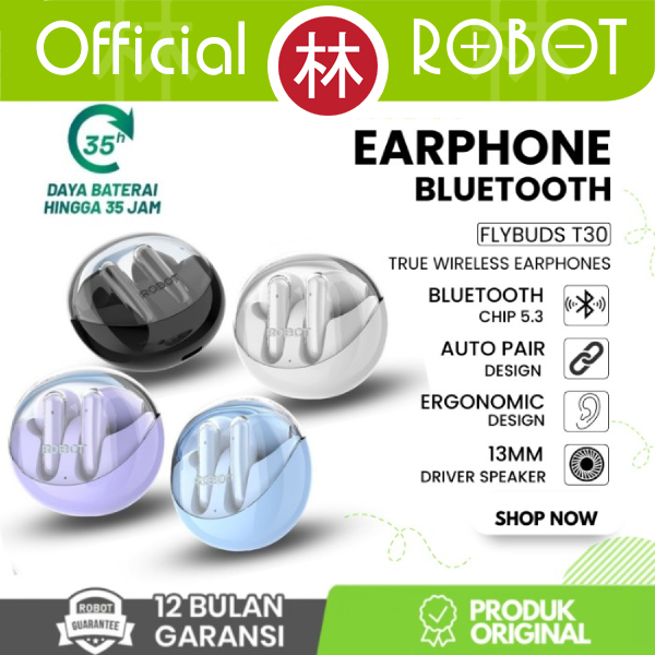 Robot Flybuds T30 TWS Wireless Earphone With Transparent Case Headset Bluetooth 5.3 New T30