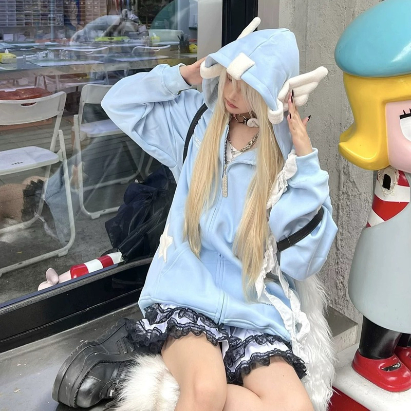 【MILKTEAS】 Starwing Jacket Biru Muda Hitam Pink Jacket Wanita Pastel Oversize Motif Bordir Bintang J