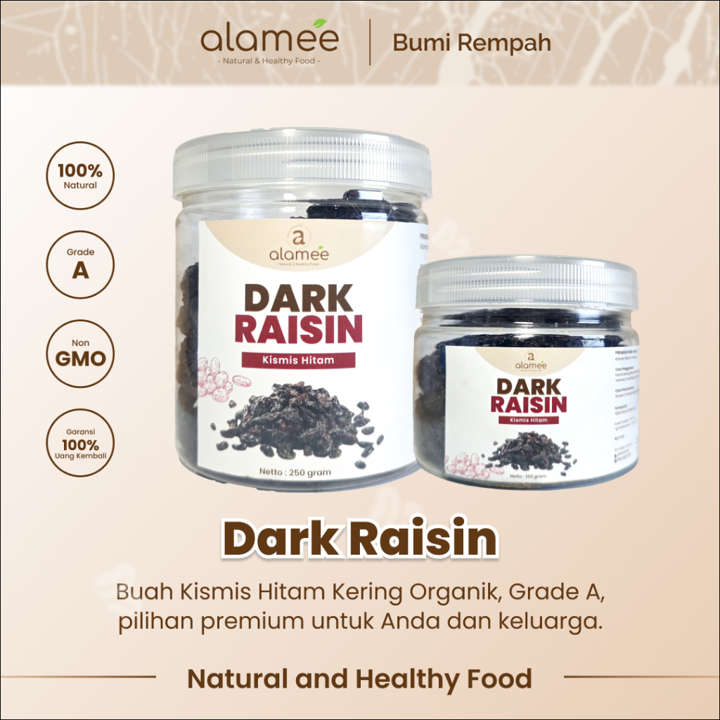 

ALAMEE Dark Raisin Cemilan Buah Sehat Kismis Hitam Manis Dried Fruit Black Raisin PREMIUM 250gr