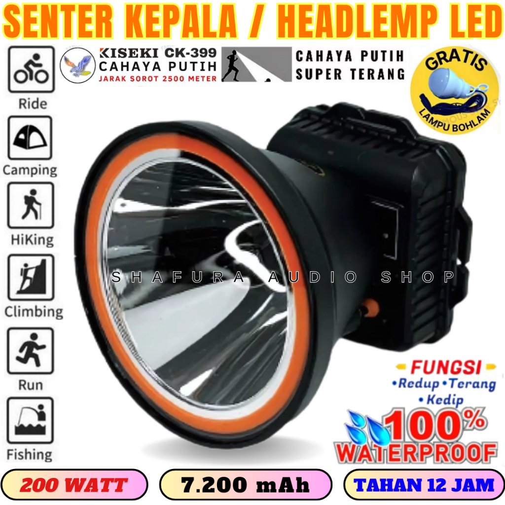Headlamp / Senter Kepala Selam Kiseki Ck-399 Cahaya Putih Bonus Lampu Bohlam | Head Lamp Kiseki Ck-3