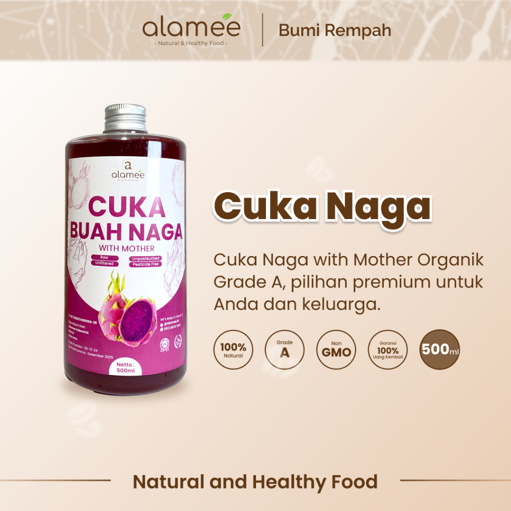 

ALAMEE Cuka Buah Naga Organik Dragon Fruit Cider Vinegar With Mother Fermentasi Probiotik 500ml