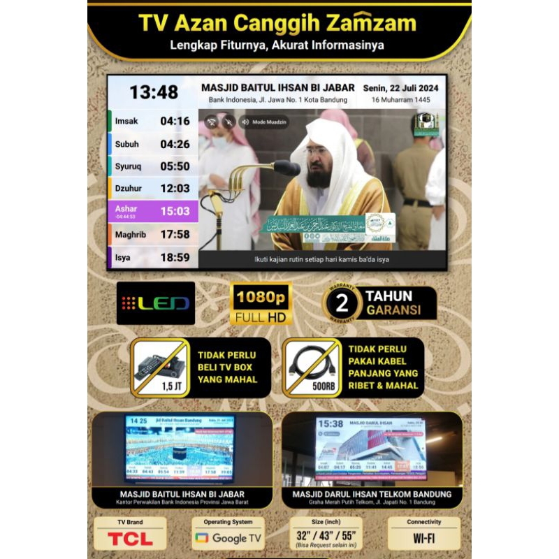 Zamzam TV - Jam Azan Zamzam TV 32 Inch 43 Inch dan 55 Inch - Jam Adzan Masjid - Pengingat Waktu Shol