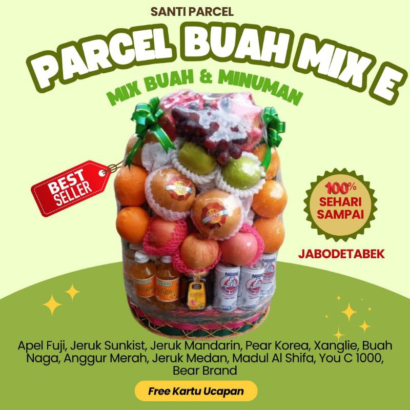 

parcel buah campuran exotis + minuman You C 1000, madu Al Syifa, dan susu bear brand | untuk acara nikahan, lebaran, natal, Imlek daerah Jabodetabek Tipe E