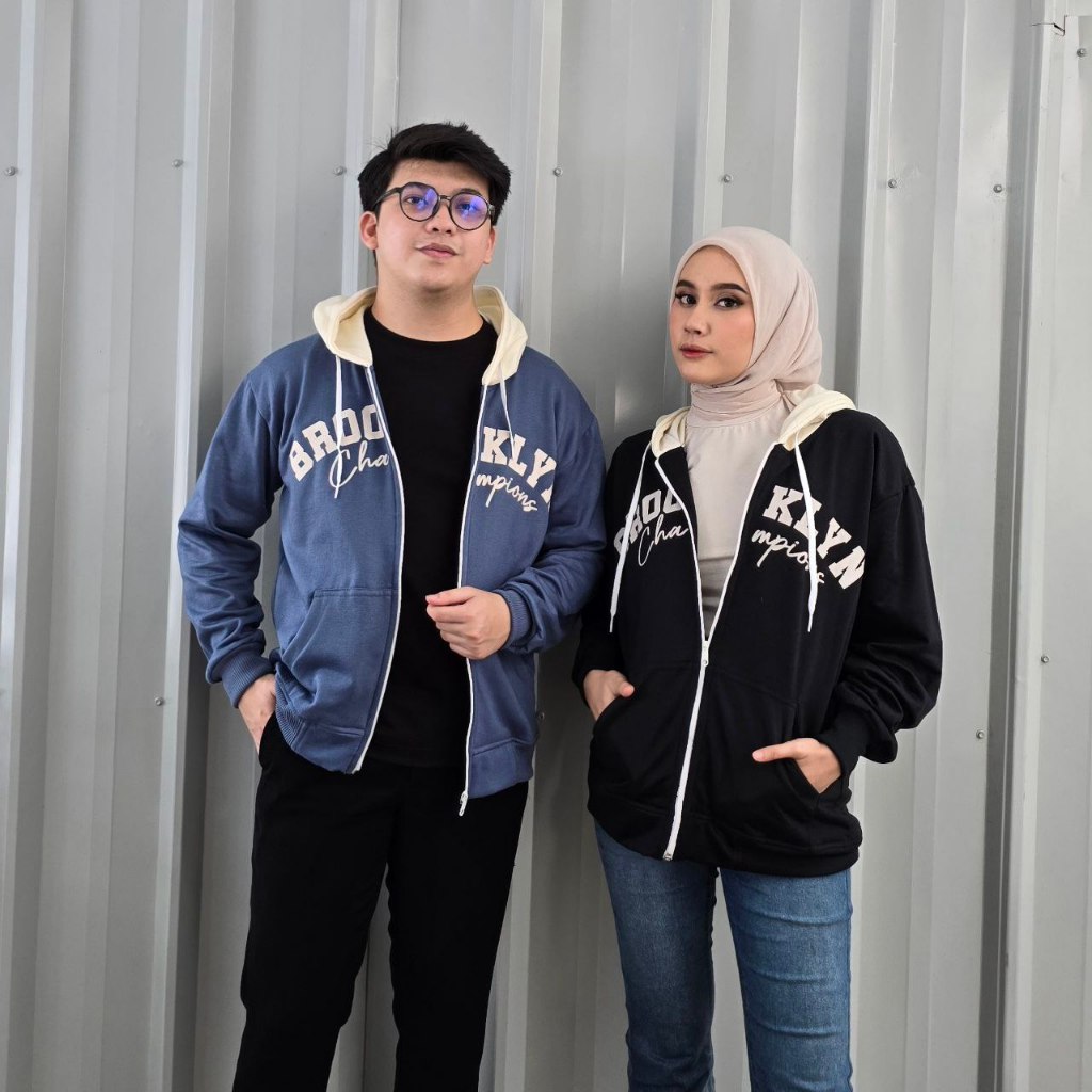 (isi 2 pcs) jaket couple pasangan Broclyn combi zip / jaket pasangan pacar / sweater hoodie couple
