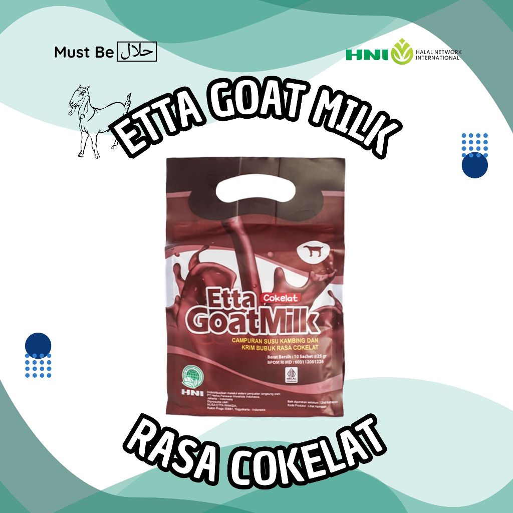 

Etta Goat Milk Cokelat HNI - EGM rasa Cokelat - Susu Kambing Ettawa Cokelat - 1 Pouch (10 Sachet)