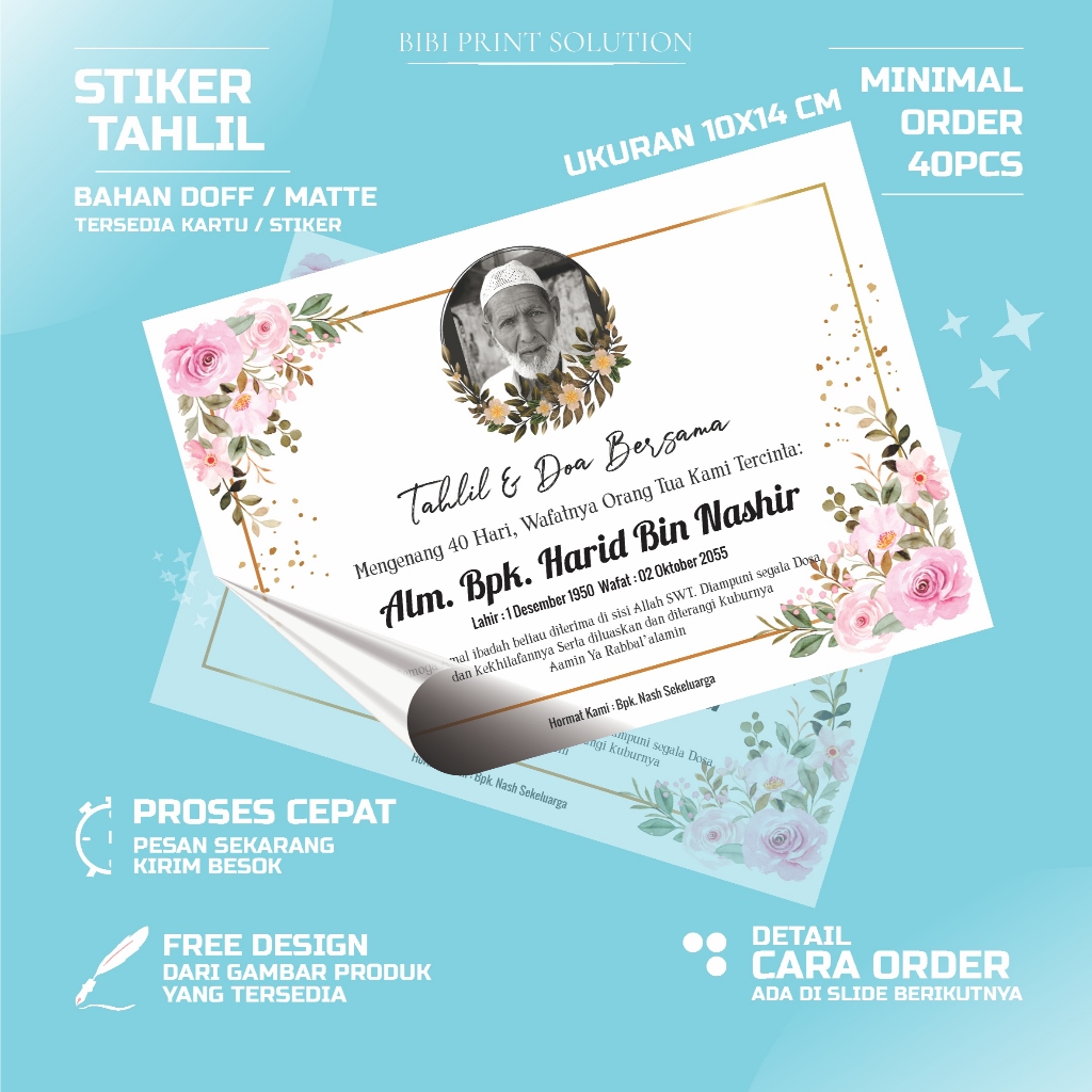 

Sticker / Kartu Tahlil Haul Pengajian Mengenang Wafatnya 40 100 1000 Hari Bahan Doff