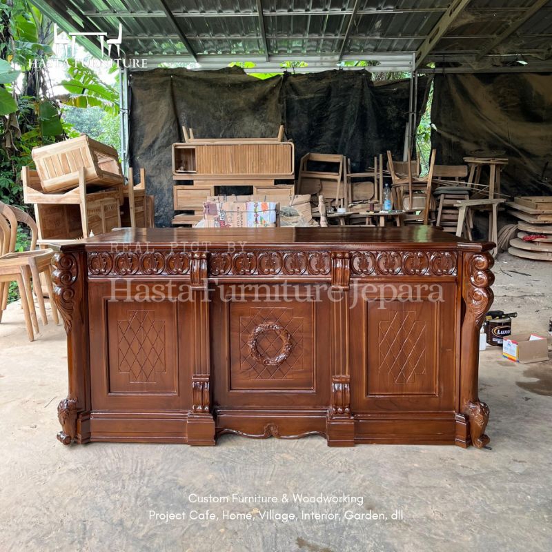 Meja Kantor / Meja Direktur Custom Kayu Jati Ukiran Jepara 160x80x80cm
