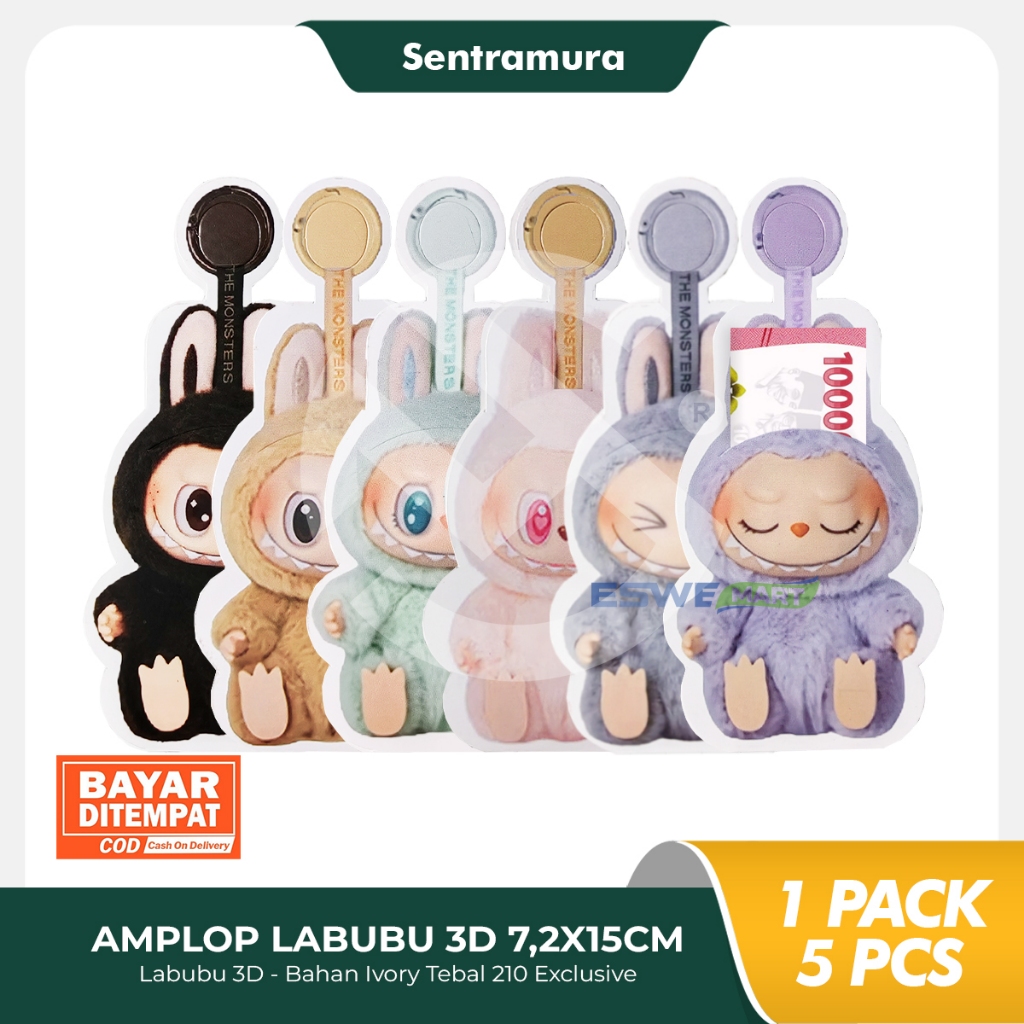 

AMPLOP Lebaran 2025 Unik Lucu, Labubu 3D 7,2x15 cm - 1 Pack isi 5