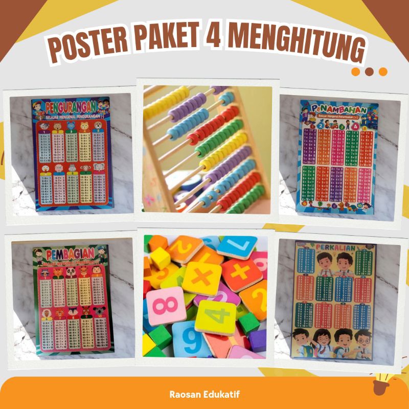 Paket 4 Poster Edukasi Anak Lengkap Belajar Gambar Dinding Estetik kali/bagi/kurang/tambah murah