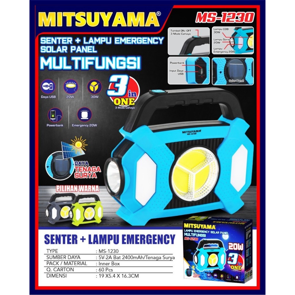 Lampu Emergency Solar Panel Multifungsi 20W Mitsuyama MS-1230