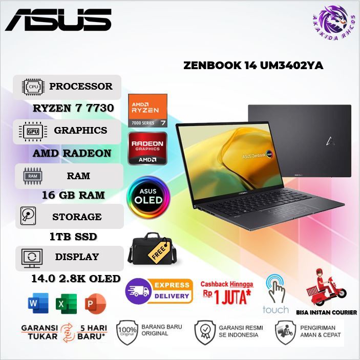 Laptop Asus Zenbook 14 OLED UM3402YA Ryzen 7-7730U RAM 16GB 1TB SSD 2.8K Touch