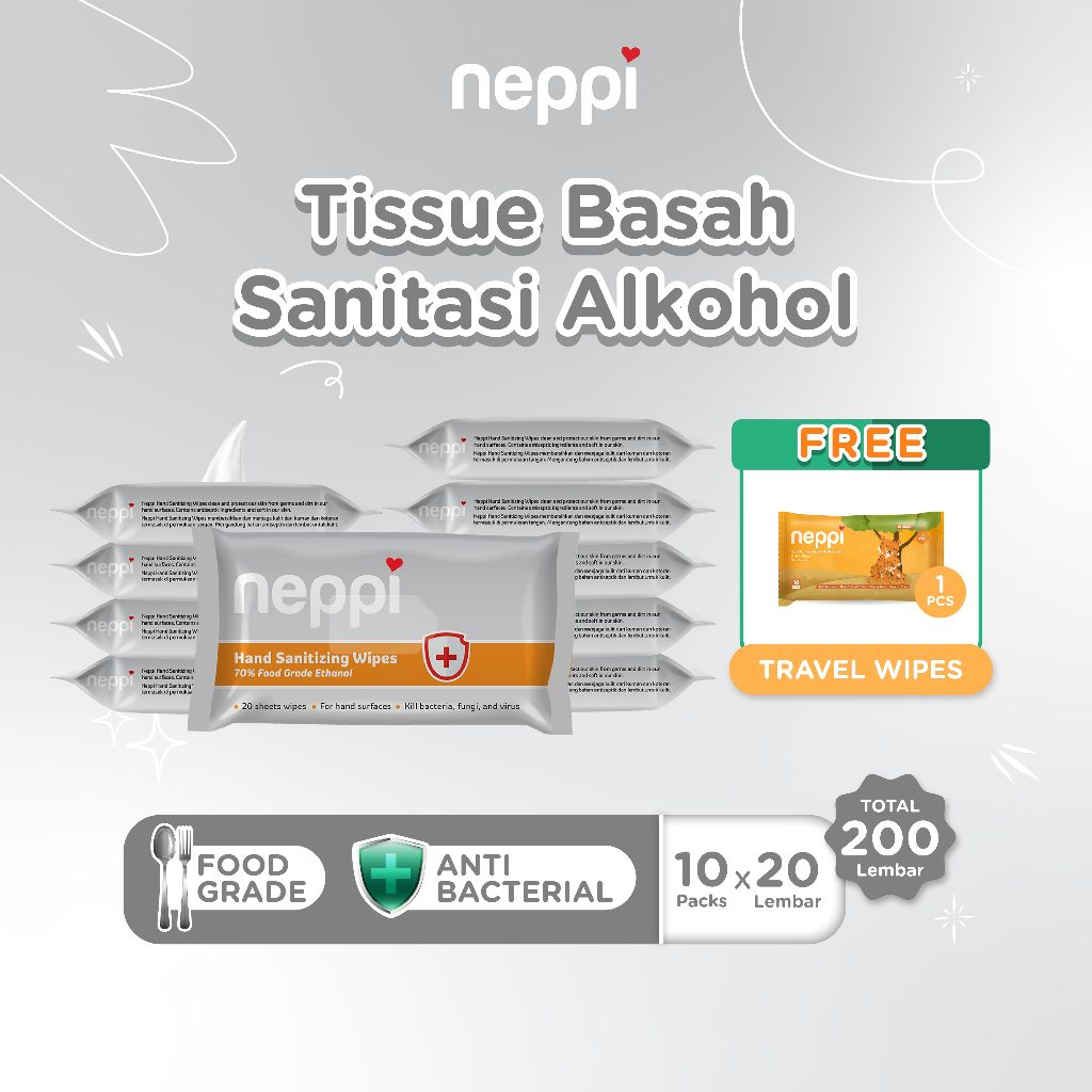 (10 Pcs x 20 Lembar) Neppi Hand Sanitizing Wipes 20s - Tisu Alkohol