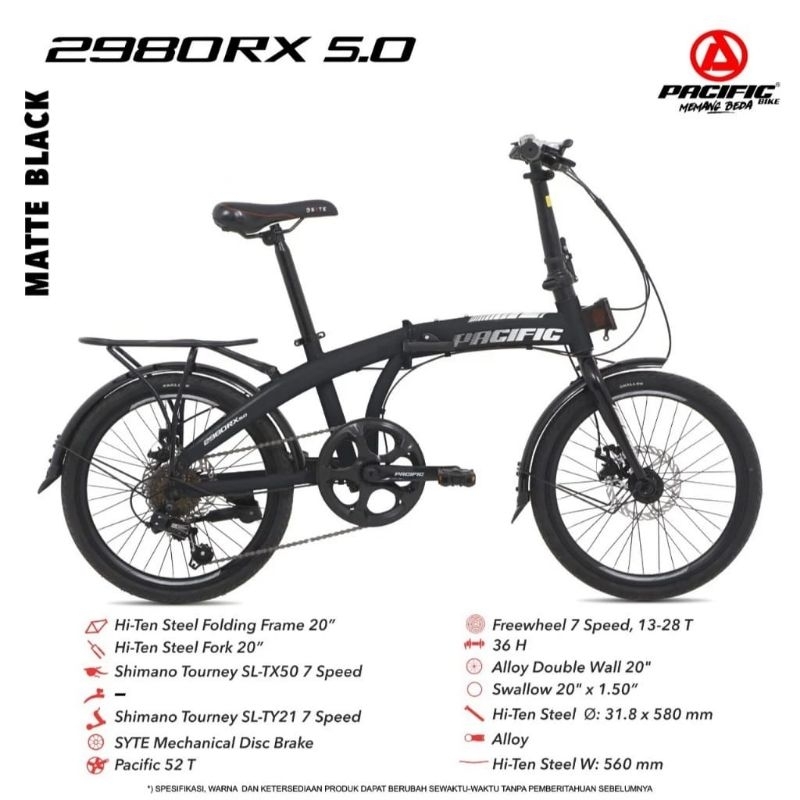 SEPEDA LIPAT PACIFIC 2980 RX 5.0 BONCENGAN UKURAN 20 INCH REM CAKRAM SHIMANO 7 SPEED