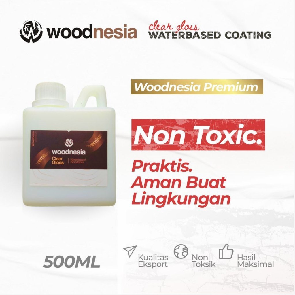 CLEAR GLOSS CAT KAYU DAN BATU PUALAM WATERBASED WOODNESIA PREMIUM PERNIS VARNISH TERVIRAL SEPERTI MO