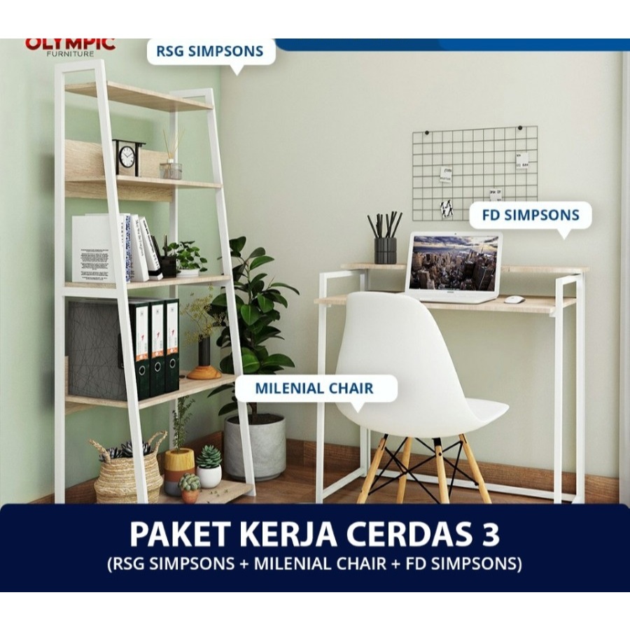 Meja Belajar + Kursi + Rak Serbaguna / Olympic Paket Kerja Cerdas 3