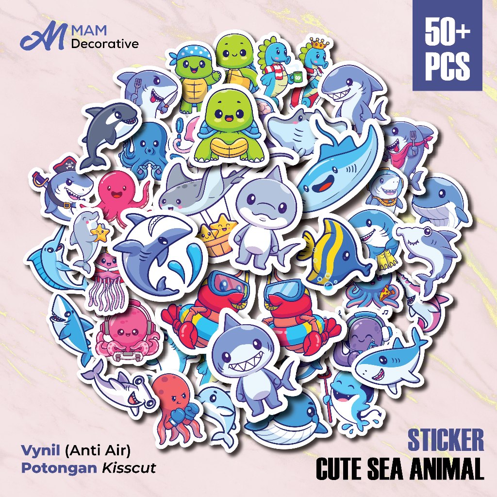 

50 PCS STIKER SEAWORLD SEA ANIMAL Cute Lucu | Vinyl Waterproof | Stiker Helm Buku Journal Casing HP Laptop