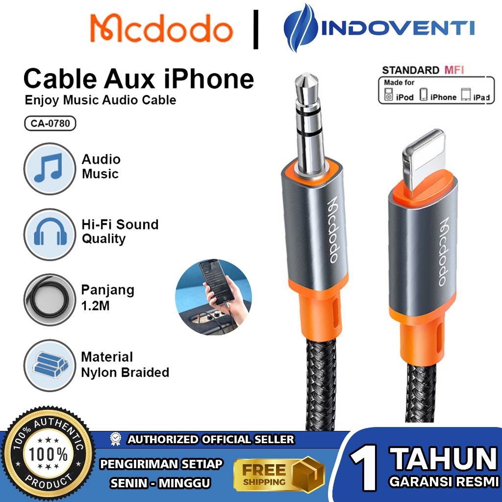 MCDODO CA-0780 Kabel Aux iPhone Lightning To Jack 3.5mm Premium Audio Stereo For Headphone Car Speak