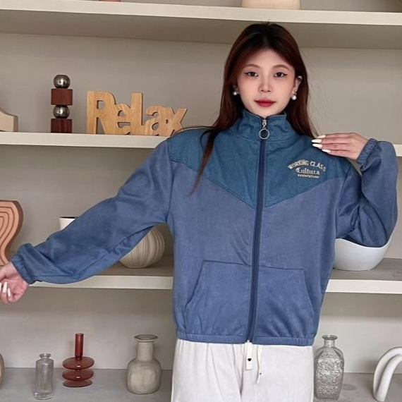 Jaket Bomber Zipper Turtleneck Wanita Premium Suede Bludru Kombinasi Denim Allsize - Working Class