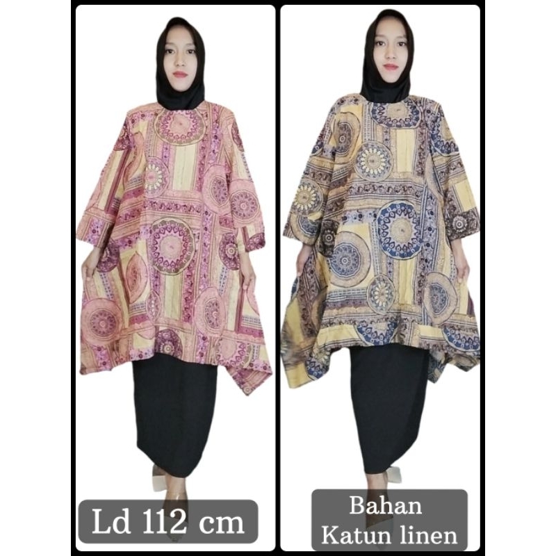 Atasan tunik jumbo Ld 110 cm bahan satin dan katun linen atasan lebaran 2025
