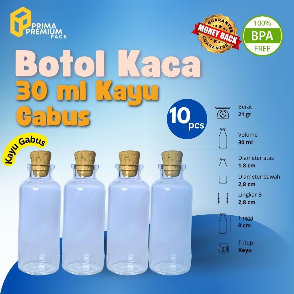 Botol kaca 30ML  Tutup Kayu Gabus/Sumbat Kayu, Charm Cork, Souvenir, Kerajinan
