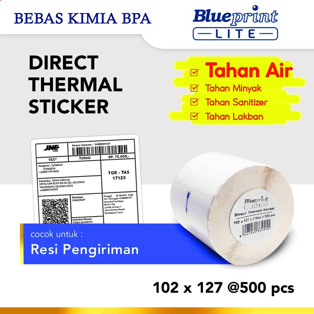 

Stiker Label Resi Thermal Bebas BPA BluePrint 102x127 mm (A6) 500 Lembar - Tahan Air, Minyak, Lakban