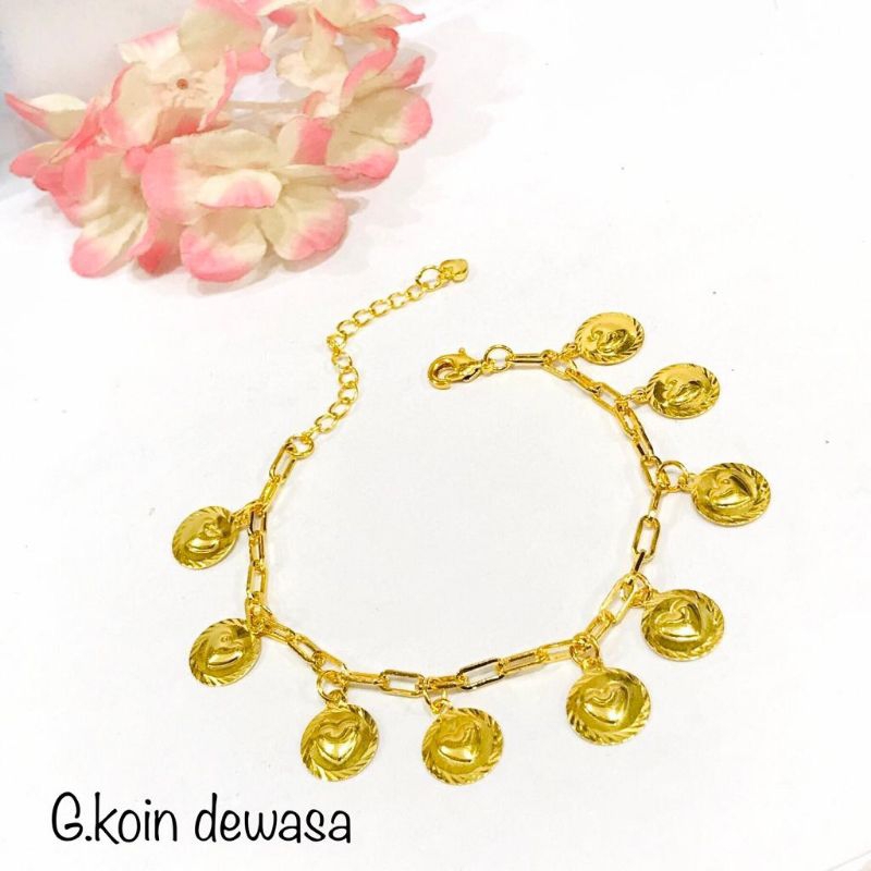 GELANG TITANIUM WANITA DEWASA RANTAI KOIN LAPIS EMAS 24K