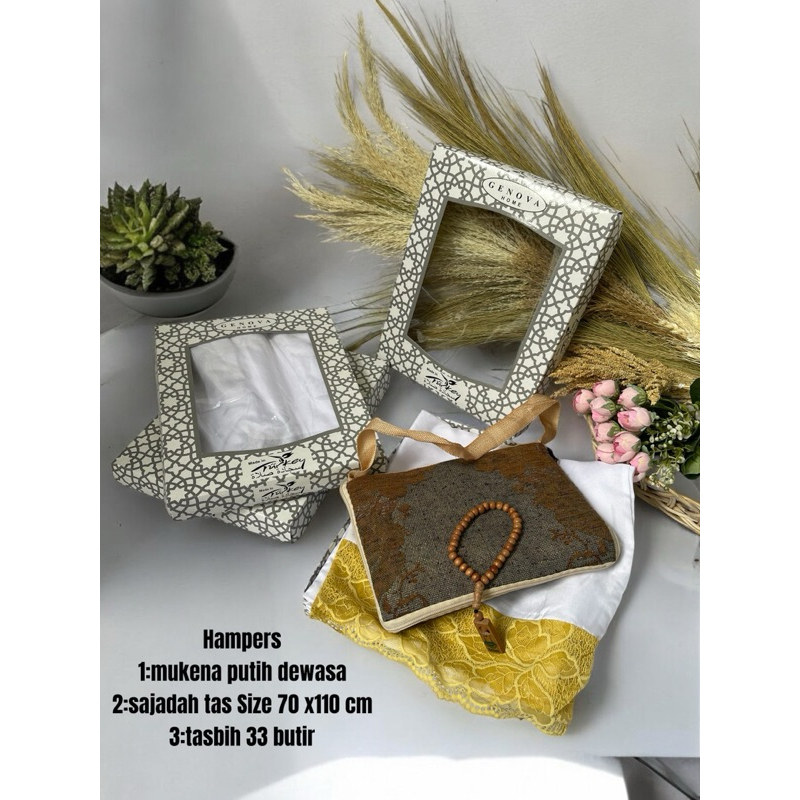 

Hampers | Parcel | Souvernir Mukena Natasha Putih | Sajadah Tas Travel | Tasbih Free Box | Hadiah Spesial Untuk Momen Keagamaan | THR | Maulid | Haul | Tahlilan Dll