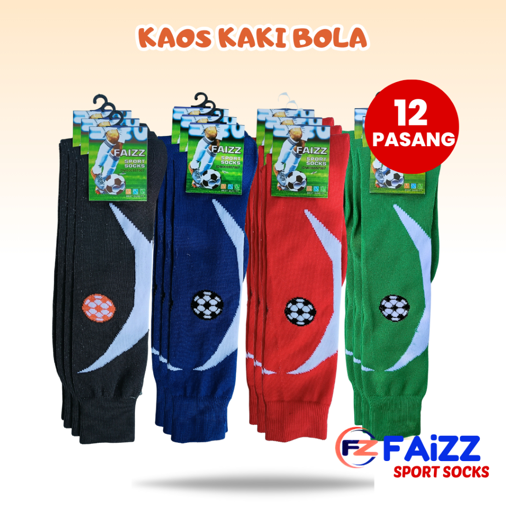 Grosir 1 Lusin Kaos Kaki Sepak Bola Panjang | Biru, Hitam, Hijau, Merah | Motif Tanduk Bola | Futsal