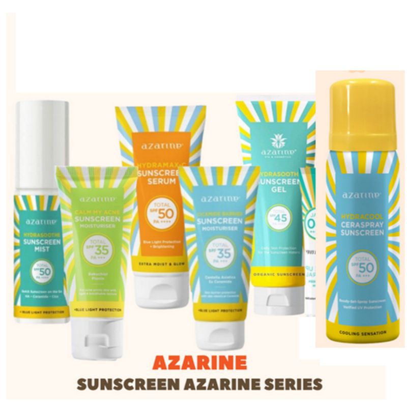 Azarine sunscreen mist spf 50 |SS calm my acne spf 35 |SS Hydramax C spf 50 |SS Cicamide barrier spf