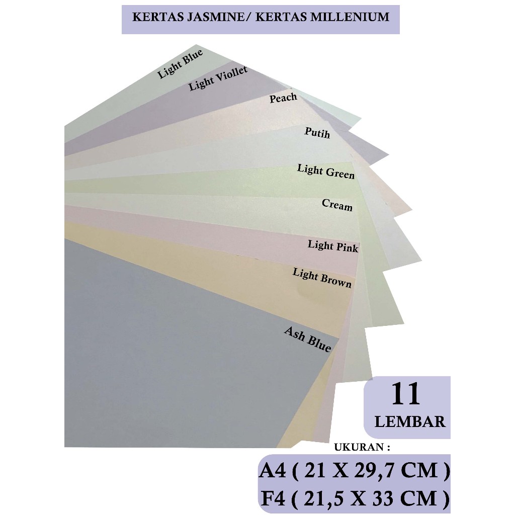

KERTAS JASMINE/ KERTAS MILLENIUM 190 - 220 GSM UKURAN A4 / F4 , ISI 11 LEMBAR