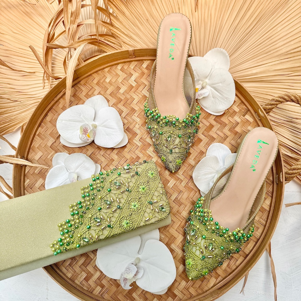 Matching Set Olivine Selop Sandal Sepatu Pesta Wanita Heels & Tas Clutch AVEDA 6302