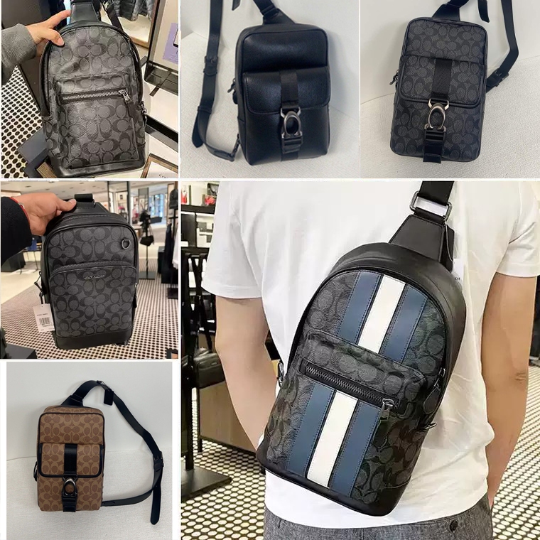 COACH Men Backpack West Pack In Signature Canvas With Varsity Stripe Charcoal Denim Coach Chest Bag 