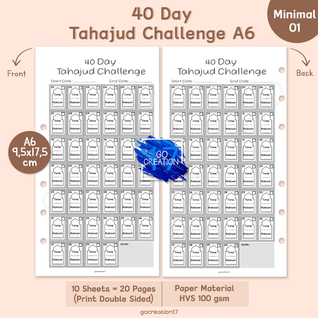 

Buku Planner Refill Kertas Isi Binder 40 Day Tahajud Challenge Simple Minimalis A6