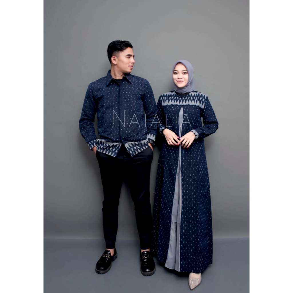 Set Couple Tenun - Baju Tenun Couple Dress Latifa Navi Gamis Jumbo Baju Kondangan Seragam Keluarga