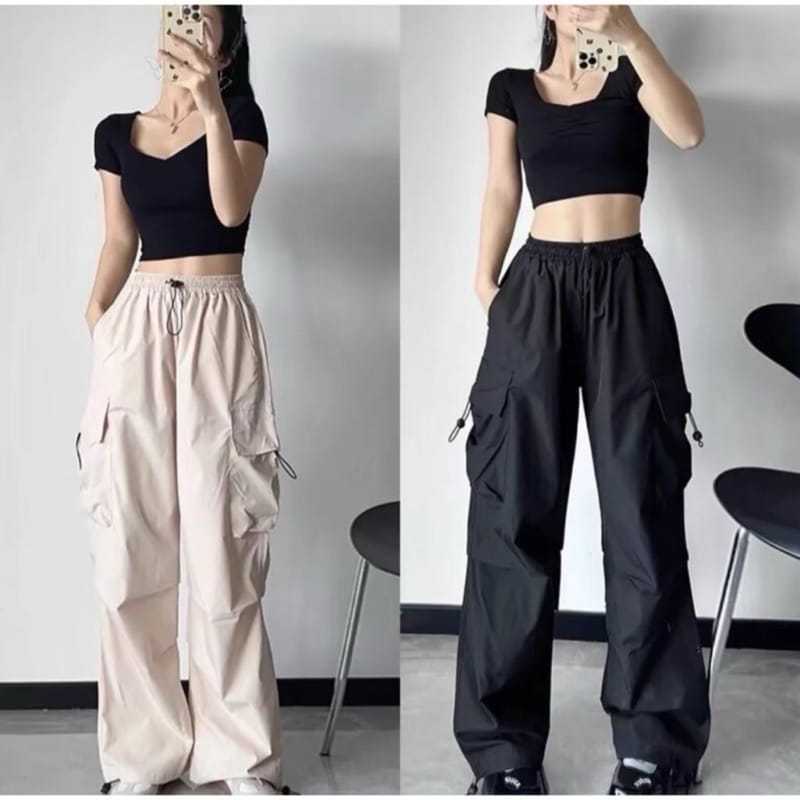 Celana Panjang Cargo Wanita Highwaist Pants Korean Style Jumbo Kulot Serut Big Size