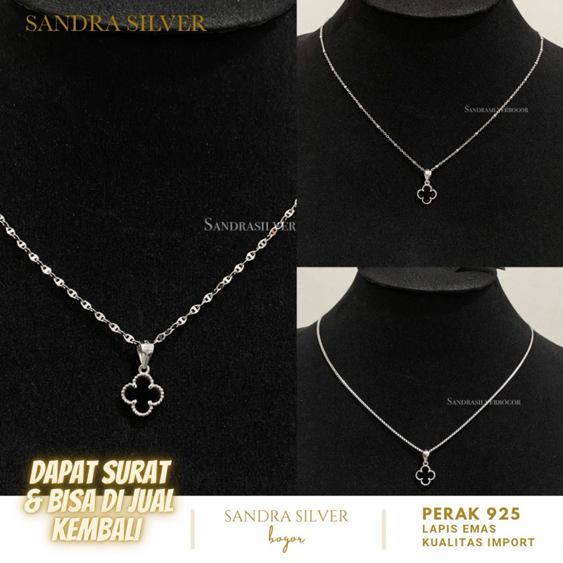 Kalung Liontin clover hitam kecil perak 925 lapis emas putih -Silver 925 necklace
