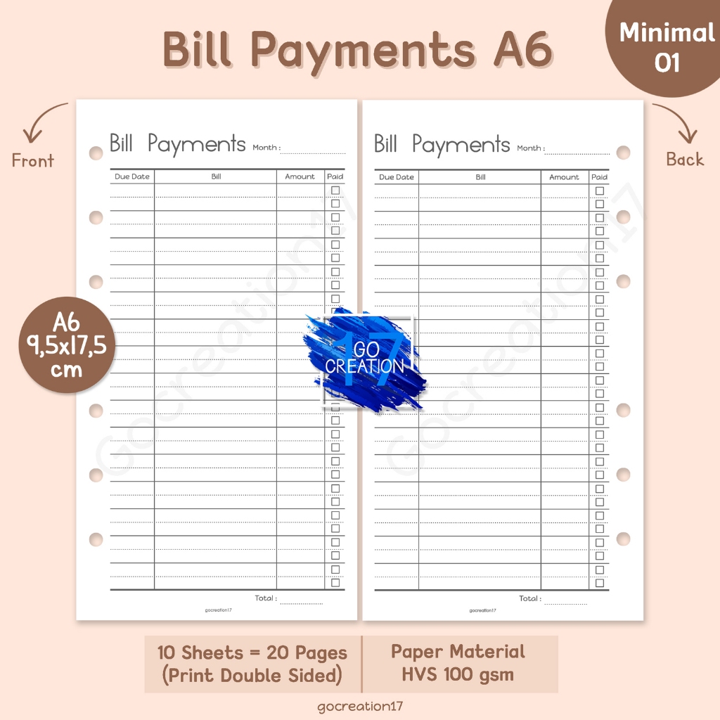 

Buku Planner Refill Kertas Isi Binder Bill Payment Tracker Catatan Tagihan Simple Minimalis A6