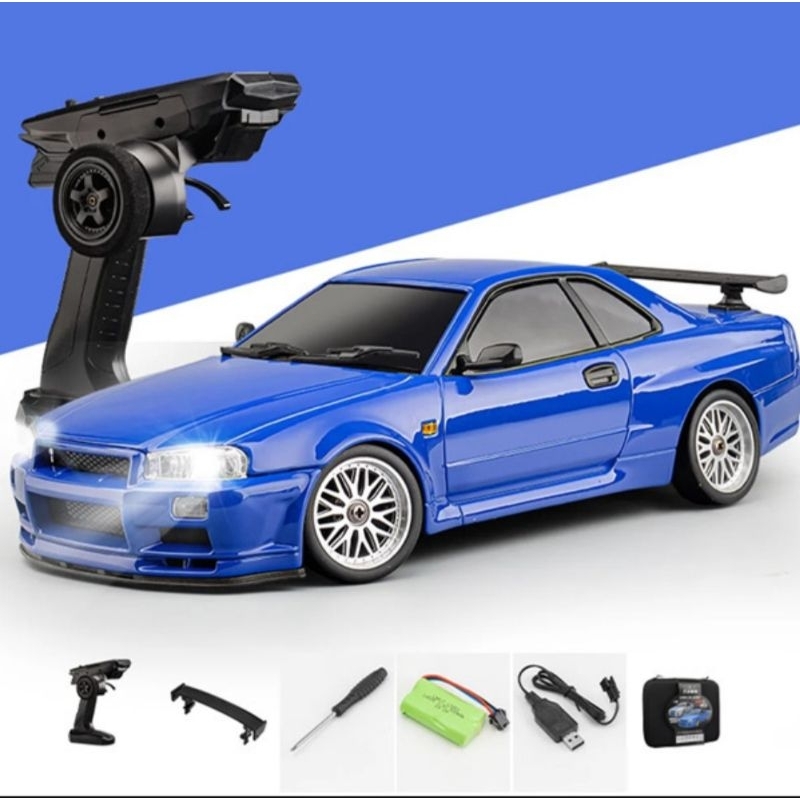 RC DRIFT NISSAN SKYLINE GTR R34 BLUE BODY METAL RWD SCALE 1/18 LDR/C