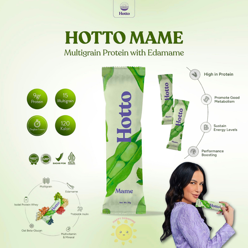 

HOTTO MAME Per Sachet Multigrain Protein with Edamame Isolate Whey Prebiotik Oat Beta Glucan Diet Sehat Sereal Kacang Kedelai Jepang Ubi Ungu Purple Potato Organik PURTO Malt Rendah Kalori BPOM HALAL