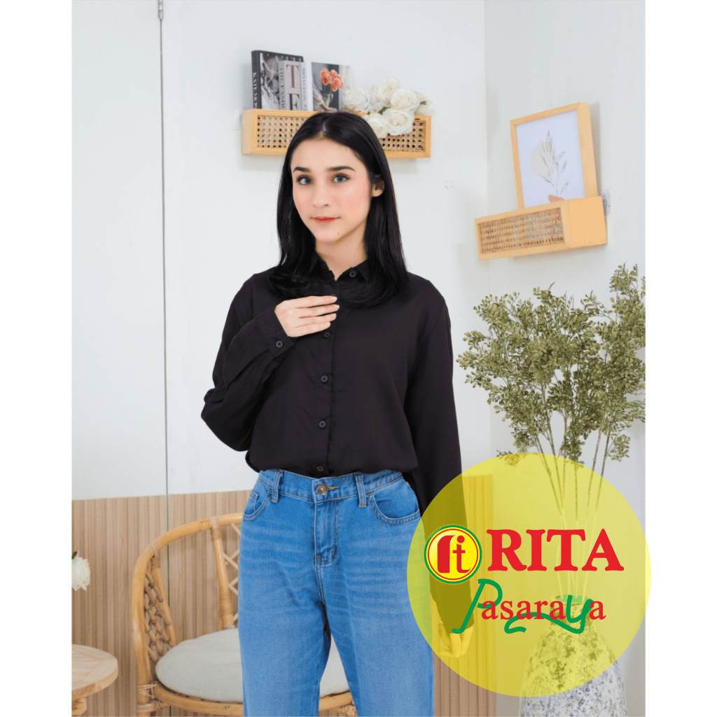 RILLEY Kemeja Blus Afiyah 2 Atasan Blouse Muslim Wanita Atasan Wanita Lengan Panjang Warna Hitam Put