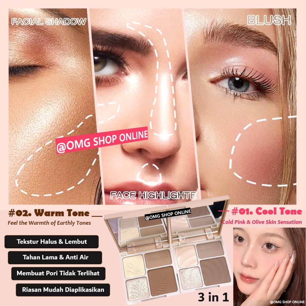 TERMURAH - 3 in 1 Eyeshadow Highlighter Blush On Contour Hidung dan Wajah Muge Leen 4 Warna / Eyesha
