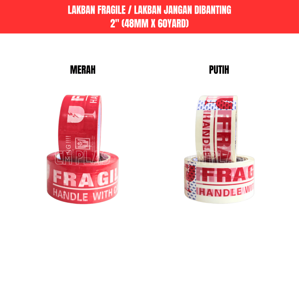 

Lakban Fragile Merah Putih (48mm x 60yard) 2 Inci / Selotip Seal Isolasi