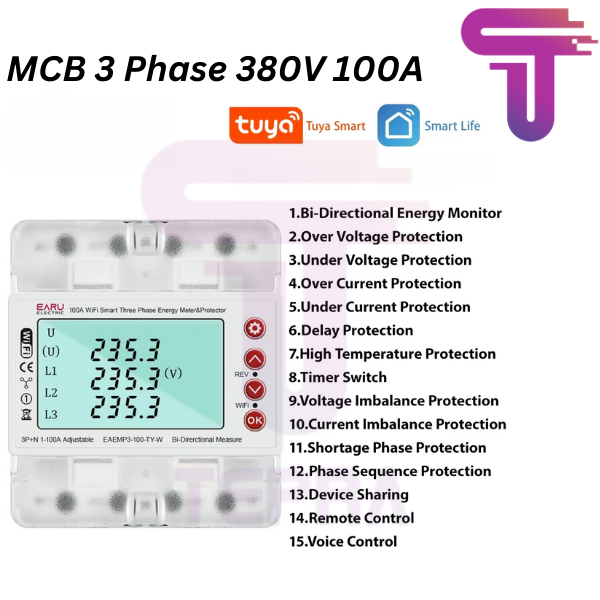 Smart Tuya MCB kWh Meter Watt Meter Digital WiFi 100A