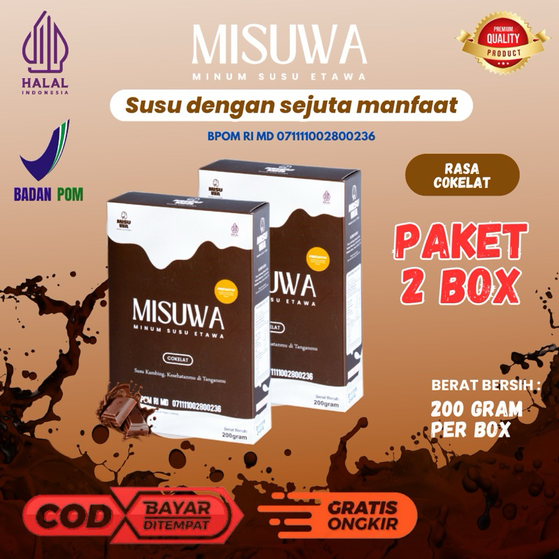 

PAKET 2 BOX MISUWA COKLAT - Susu Kambing Etawa rasa Cokelat untuk Kesehatan Tulang, Sendi, Otot, Pegal Linu dan untuk menyembuhkan segala permasalahan pernapasan (Asma,Paru-paru,Flek, dll)