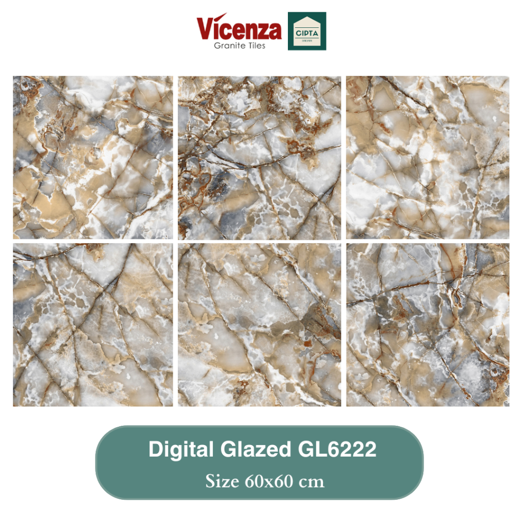 Granit/ Granite Vicenza 60x60cm GL6222 Digital Glazed Glossy Lantai/ Dinding Motif Abstrak Gold Marm