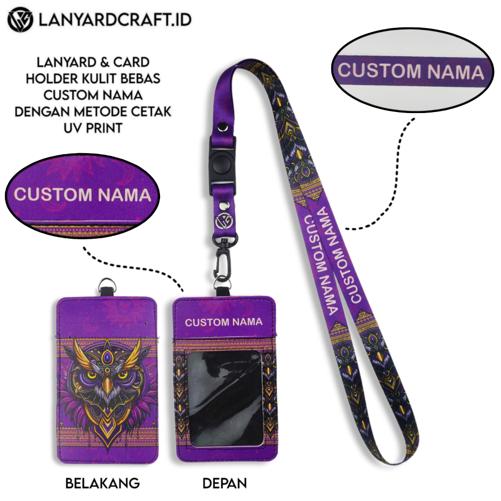 

V3 Id Card Holder Leather Custom + Lanyard Custom Nama Owl Series Gantungan Tali Lanyard Holder Id Card Kulit UV Print